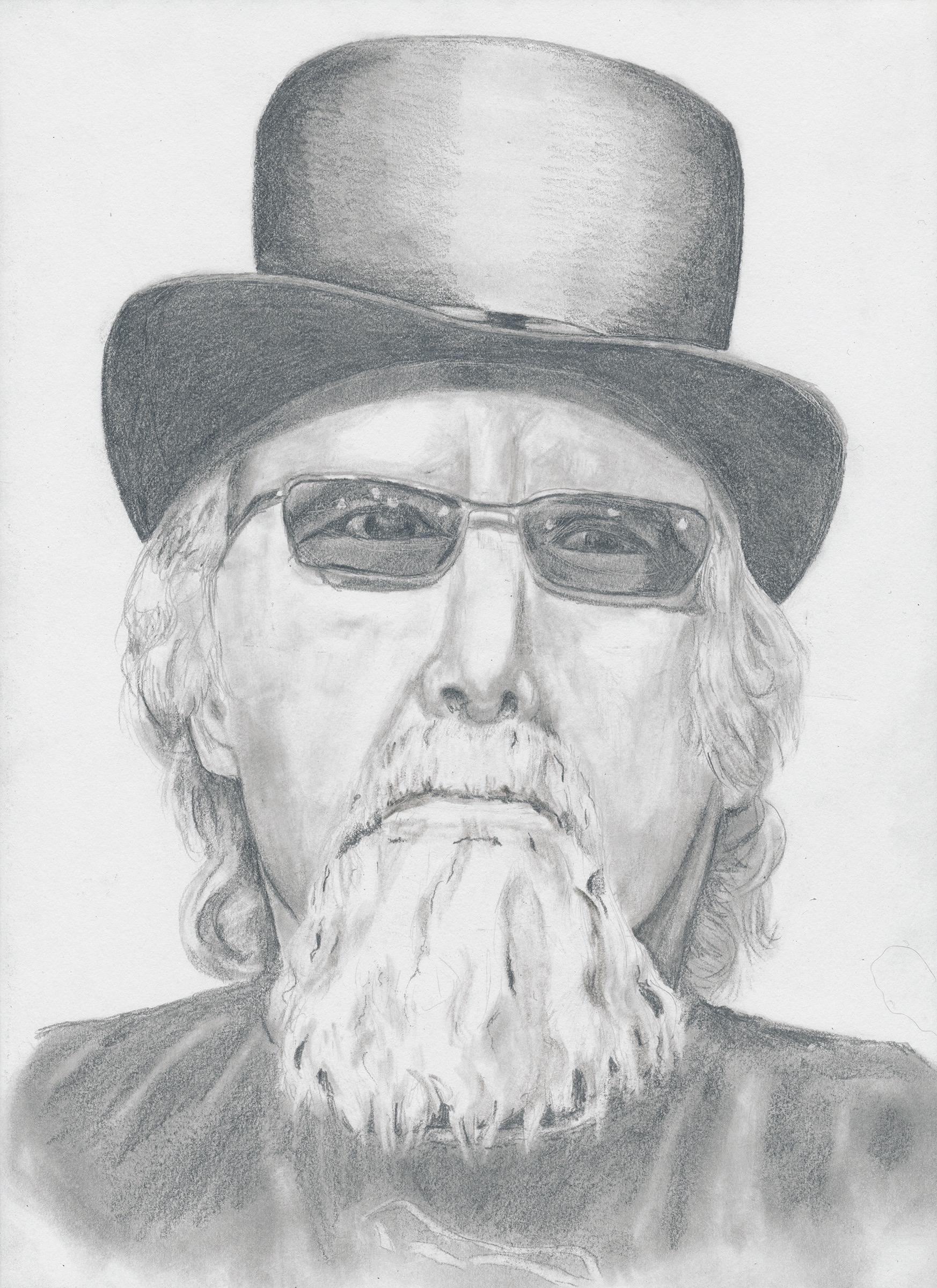 Portrait of a man wearing a top hat and glasses.
